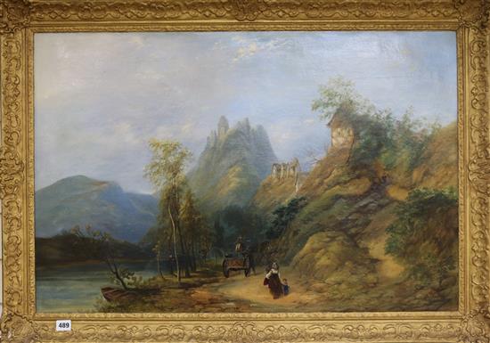 A Maryoni, oil on canvas, mountainous Italian landscape with figures, 60 x 90cm